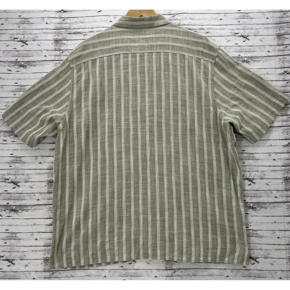 Banana Republic Mens XL Striped Camp Collar Shirt Green Beige Cotton Blend EUC